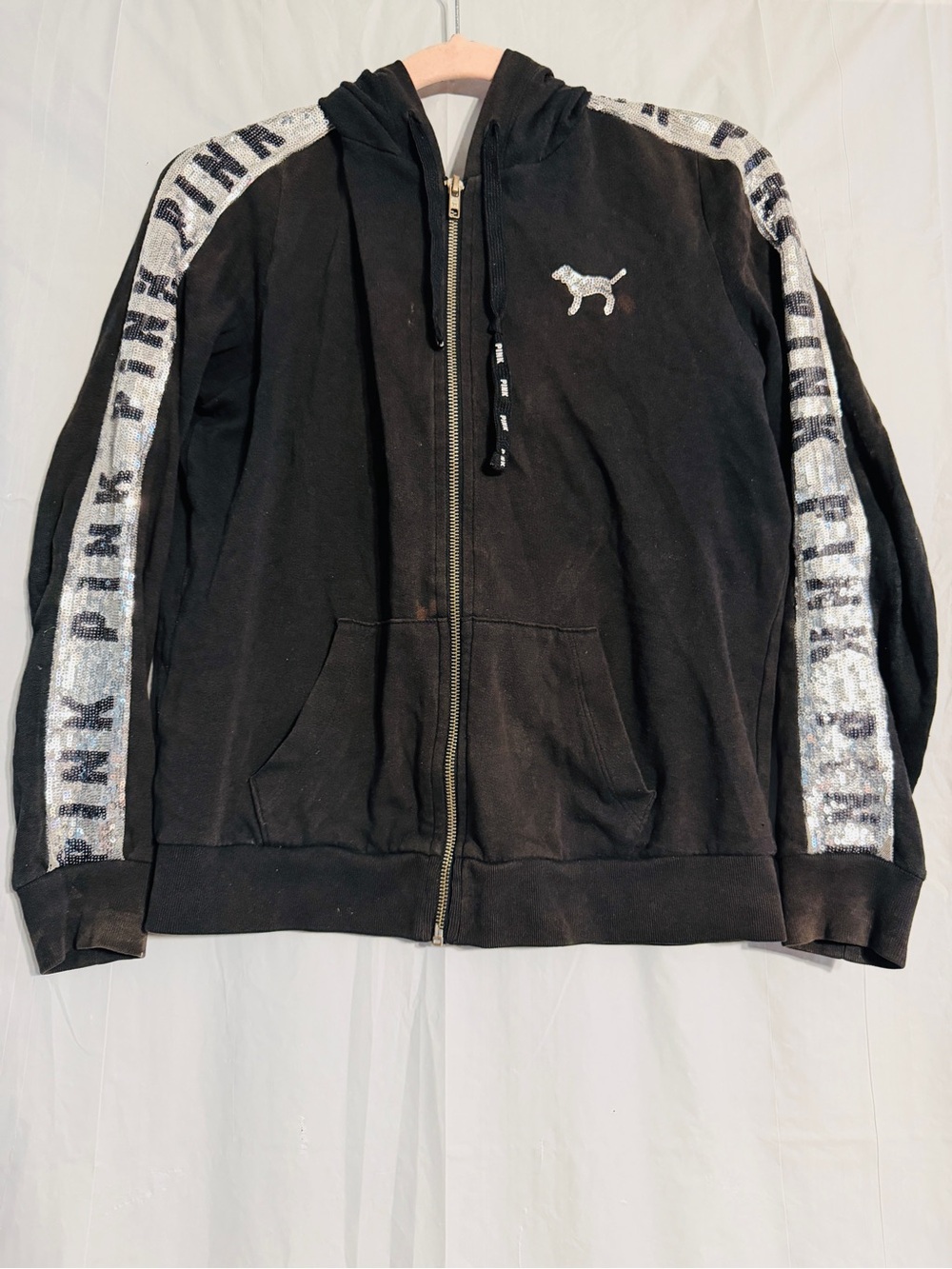 Victoriaβs Secret PINK Sequin Full Zip Hoodie Black Silver Logo Bling